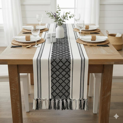 14 72 Inches, Boho Table Runner with Tassel x Black & Cream Cotton Woven Washable Dresser Scarf Top Cover for Furniture
