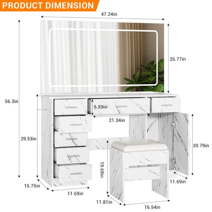 GarveeLife Modern Vanity Desk with LED Mirror – 7 Drawers, Power Outlets, Hair Dryer Holder, 3-Mode Adjustable Lighting – Makeup Dressing Table for Bedroom, Marble White Finish