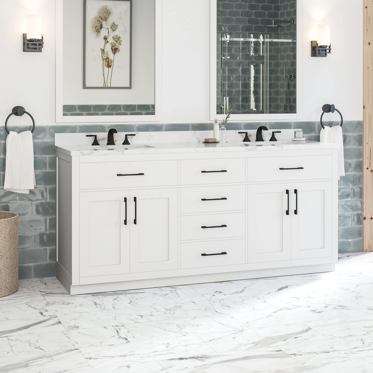 OVE Decors Athea 72" Double Undermount Sink Bathroom Vanity with Cultured Marble Countertop, Backsplash, Power Bar, in Almond Latte Finish