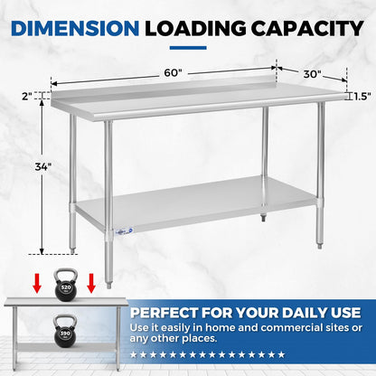 Profeeshaw Stainless Steel Prep Table NSF Commercial Work Table with Backsplash and Undershelf for Kitchen Restaurant 60x30 Inch