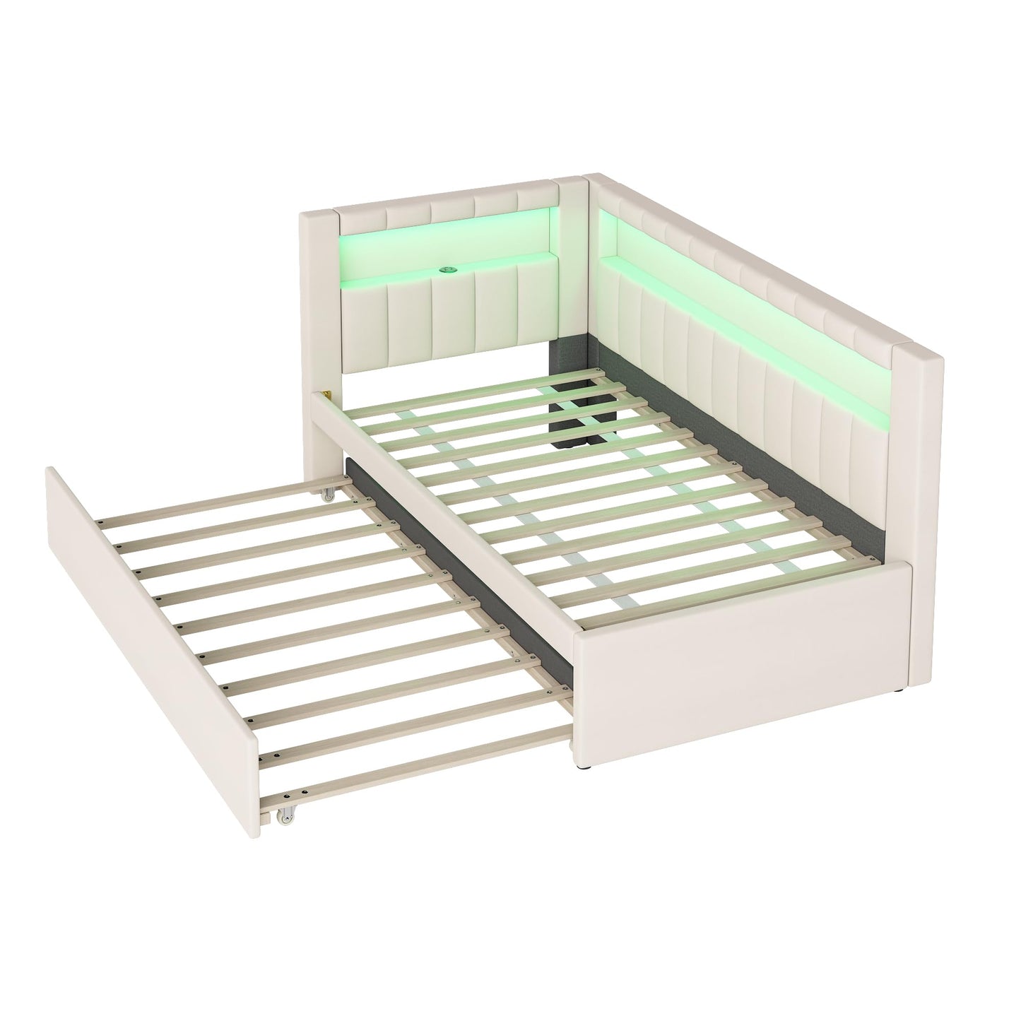 Merax Modern Upholstered Platform Bed Frame with USB Ports & Trundle Bed, Floor Sofa Day Bed, No Box Spring Needed/Easy Assemble/Twin,White
