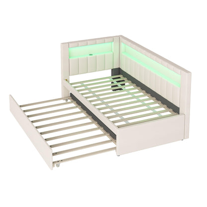Merax Modern Upholstered Platform Bed Frame with USB Ports & Trundle Bed, Floor Sofa Day Bed, No Box Spring Needed/Easy Assemble/Twin,White