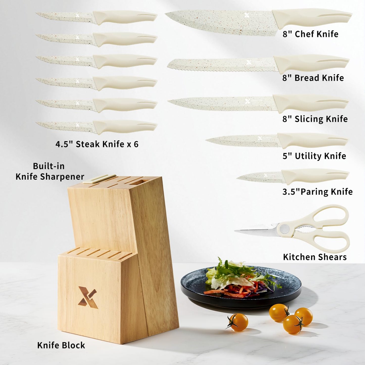 XANAPON Knife Set, Dishwasher Safe Kitchen Knife Set, CreamWhite Ergonomic Handle and Ceramic-Coated Blades, Built-in Sharpener Block, Sturdy German Stainless Steel
