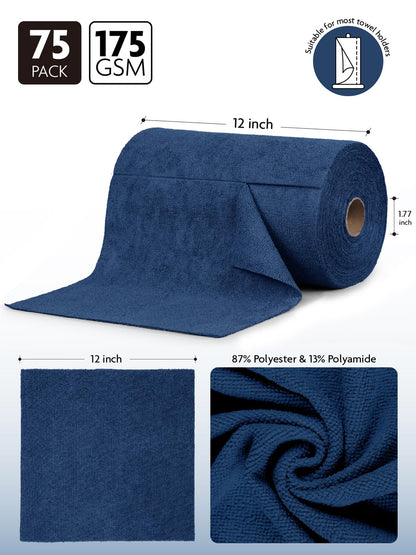 Fantasticlean Microfiber Cleaning Cloth Roll -75 Pack, Tear Away Microfiber Towels, 12" x 12", Reusable, Washable, Scratch Free, Ultra Absorbent for All-Around Cleaning Supplies (Navy Blue)