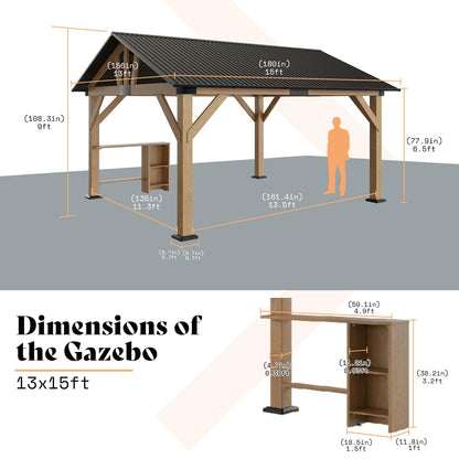 LUXOAK 13x15 FT Wood Gazebo, Hardtop Pergola with Steel Gable Roof, Outdoor Gazebo with Guest House for Garden, Porch, Patio, Black + Natural Wood