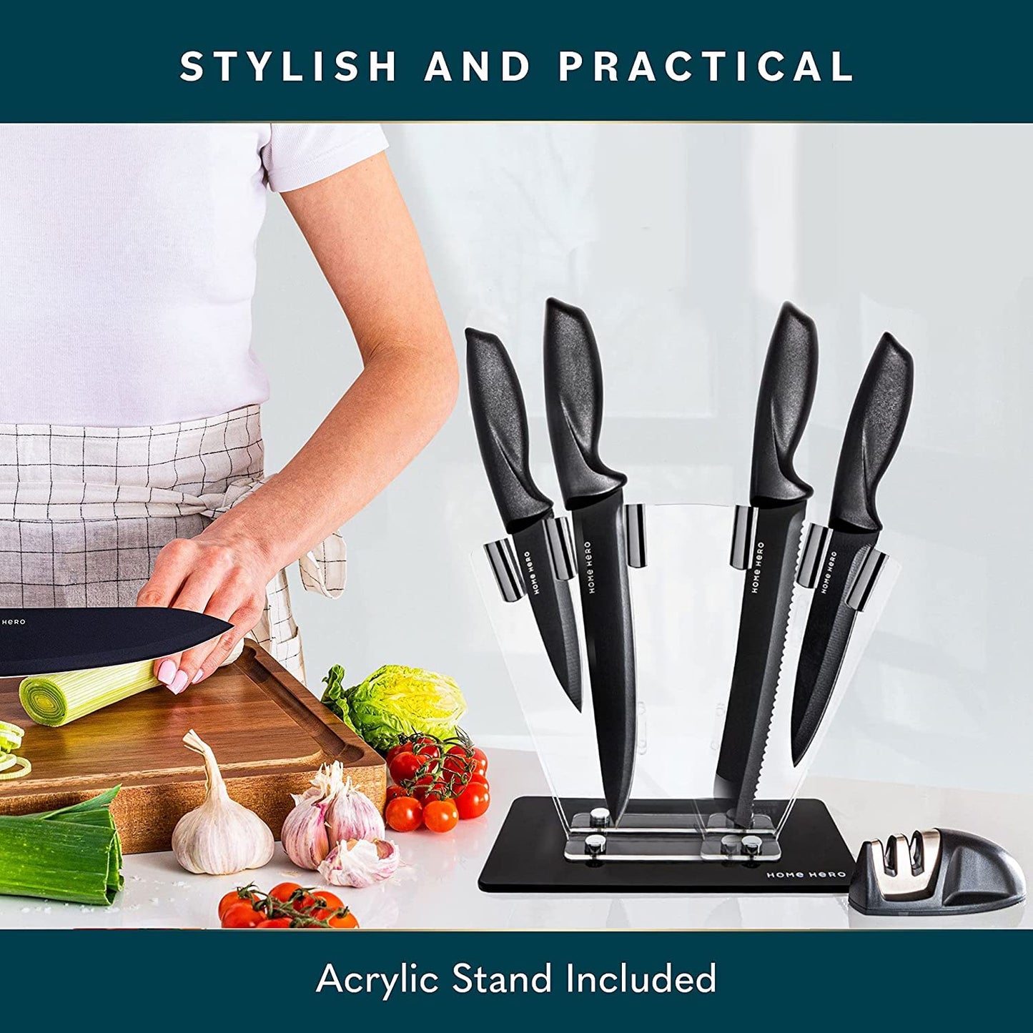 Home Hero Kitchen Knife Set with Sharpener - High Carbon Stainless Steel Knife Block Set with Ergonomic Handles (20 Pcs - Acrylic Black)