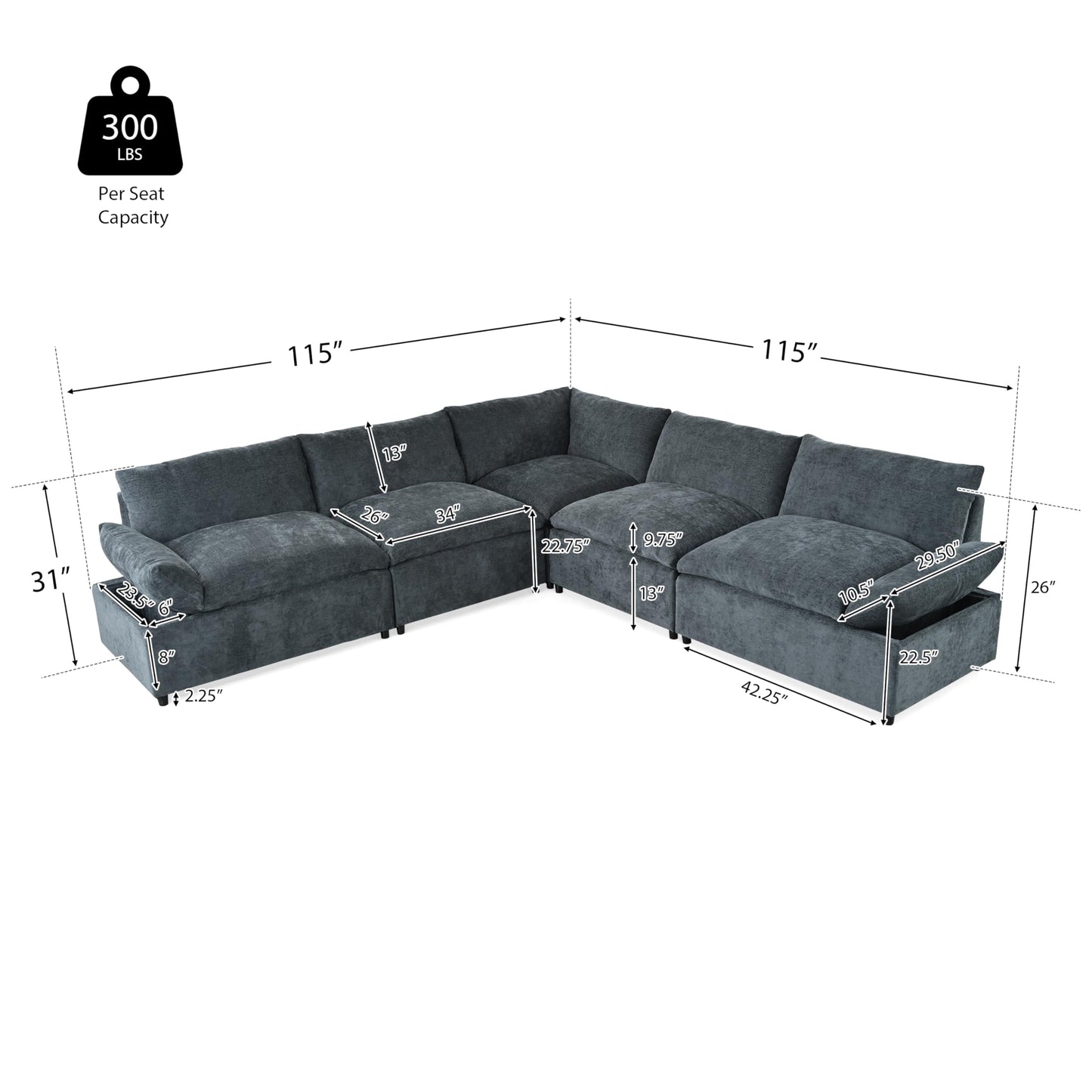 Christopher Knight Home Neora 5 Seater Sectional Sofa, L Shaped Couch, Sleeper Couch with Storage, Modular Sofa Chair, Deep Seating Chaise Lounge Sofa for Living Room Rest Room 115.50" W, Dark Gray