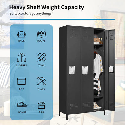 BIZOEIRON 3 Doors Locker Storage Cabinet, Metal Locker for Employees, 72" Tall Lockers for Office School Gym Home, Require Assembly (Black)