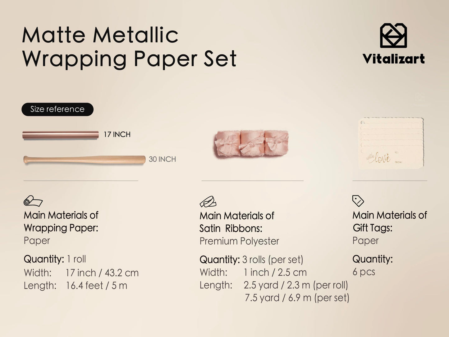 Vitalizart Pink Matte Metallic Wrapping Paper Set 17" With Silk Satin Ribbon & Gift Tags Christmas Gift Wrapping Birthday Baby Shower Wedding Bouquets Handmade Crafts 197"(16.4 Ft) Pink Ribbon