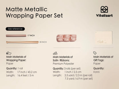 Vitalizart Pink Matte Metallic Wrapping Paper Set 17" With Silk Satin Ribbon & Gift Tags Christmas Gift Wrapping Birthday Baby Shower Wedding Bouquets Handmade Crafts 197"(16.4 Ft) Pink Ribbon