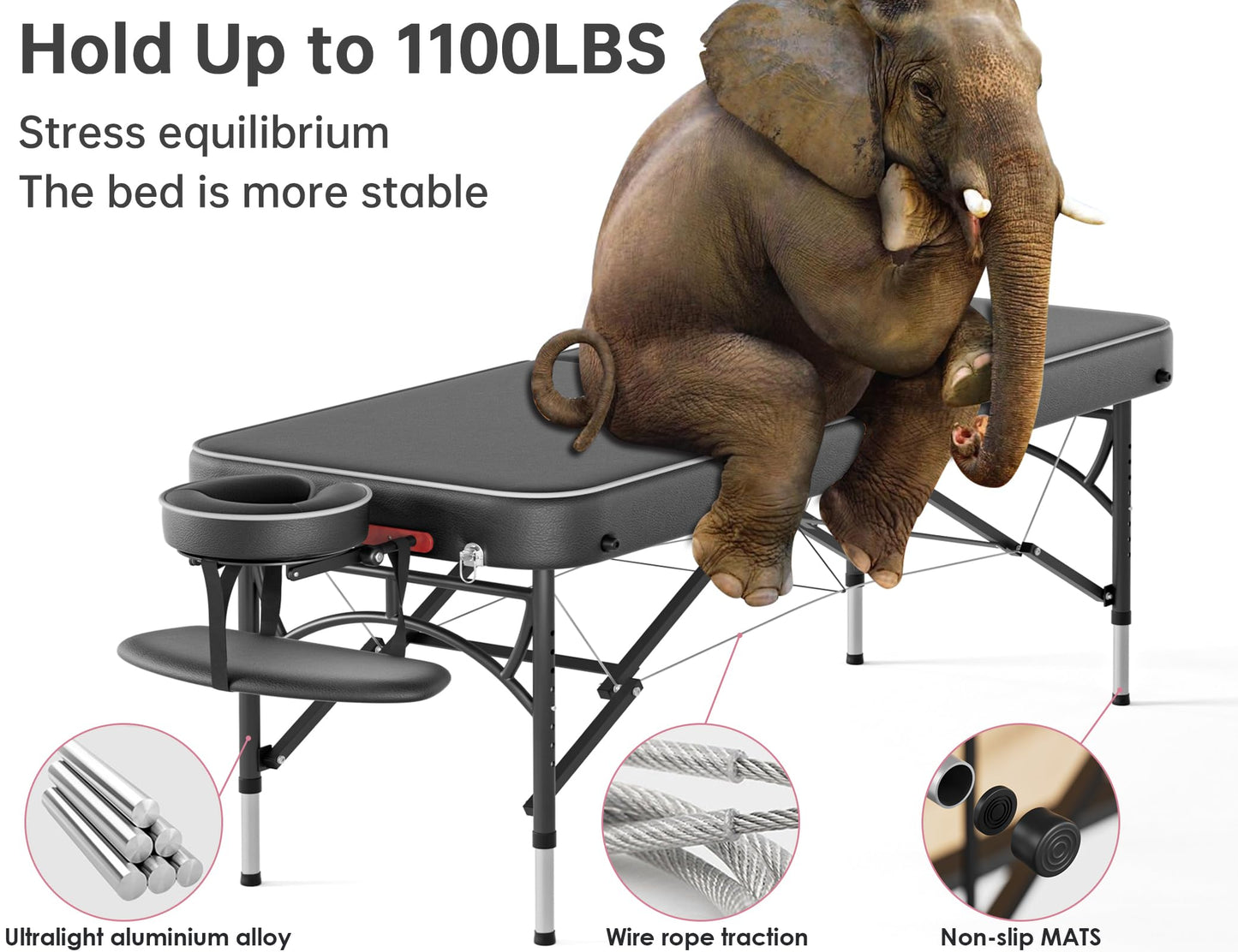 CLORIS 84" Professional Massage Table Portable Reinforced Aluminium Leg Hold Up to 1100LBS 2 Folding Lightweight Spa Salon Tattoo Massage Bed Height Adjustable with Carrying Bag Black
