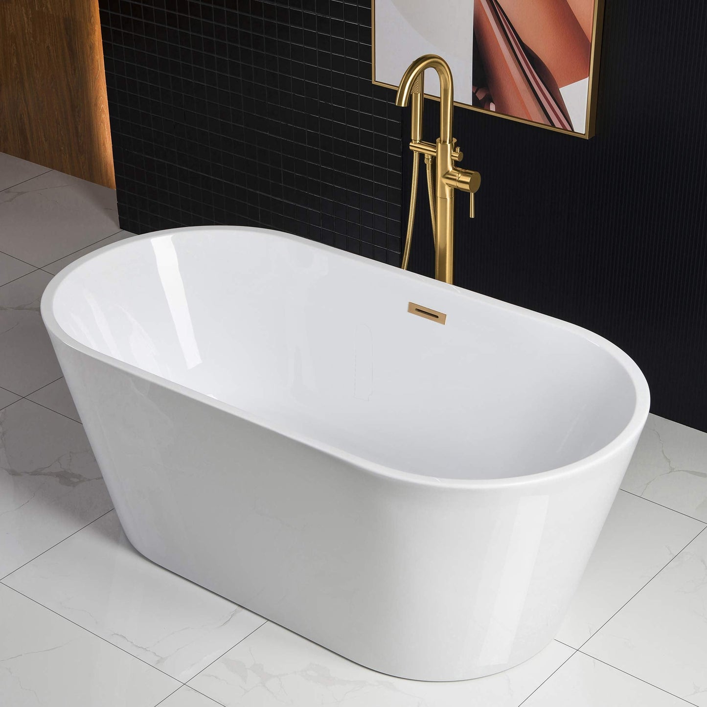 WOODBRIDGE 59" Acrylic Freestanding Bathtub Contemporary Soaking White Tub with Brushed Gold Overflow and Drain，B0014-BG