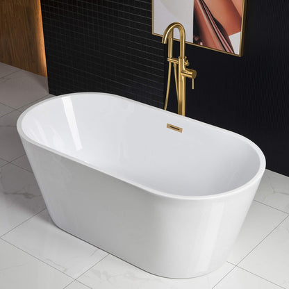 WOODBRIDGE 59" Acrylic Freestanding Bathtub Contemporary Soaking White Tub with Brushed Gold Overflow and Drain，B0014-BG