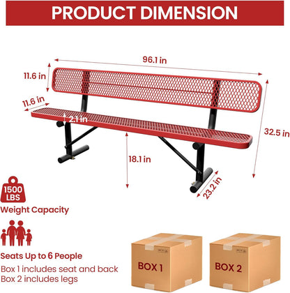 Sunnibety 8 Feet Steel Park Bench for Outside, Outdoor Bench with Backrest & Portable Frame, Commercial Benches for Shopping Malls, Stores, Parks, Patios, Decks, Red
