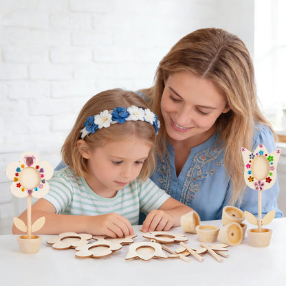 14 Sets DIY Paintable Wood Flowers Photo Holders, Mother's Day Crafts Wooden Flower Picture Frames, Spring Flower Pot Unfinished Wood Ornament with Gems Stickers for Painting Mothers Day Birthday Gift