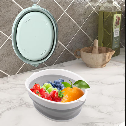 2 Sets 2 in 1 Collapsible Colander Set Including Sink Basin & Strainer Bowl, Foldable Silicone Fruit Washing Basket, Portable Vegetable Washing Tub for Kitchen, RV, Camping (Grey & Green)