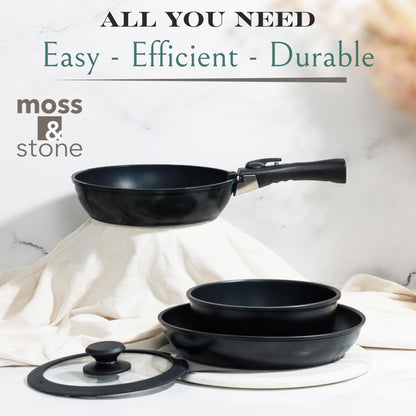 Moss & Stone 10pcs Nonstick Cookware Pans with Removable Handles, Space Saving Pots and Pans with Removable Handles, RV Pots and Pans Set for Camping, Oven and Induction Ready