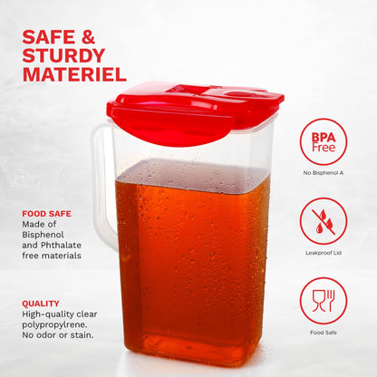 Red 50 Oz. Plastic Pitcher Set of 2 | Fridge Door Jug with Lid | Airtight Iced Tea Container