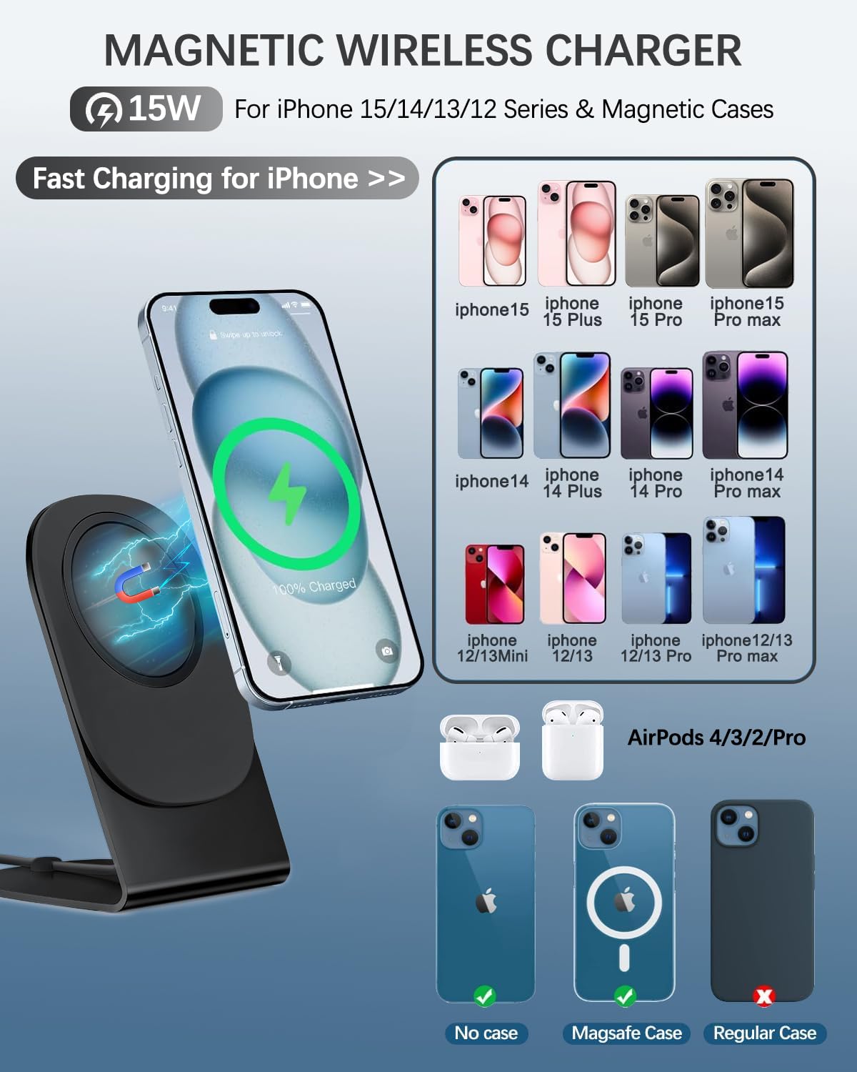 Magnetic Wireless Charger Mag-Safe Charger for iPhone 17/16/15/14/13/12 Series Convertible Magnet Wireless Charging Stand/Pad with 5ft Cable for iPhone and AirPods 2/3/Pro 2/Pro