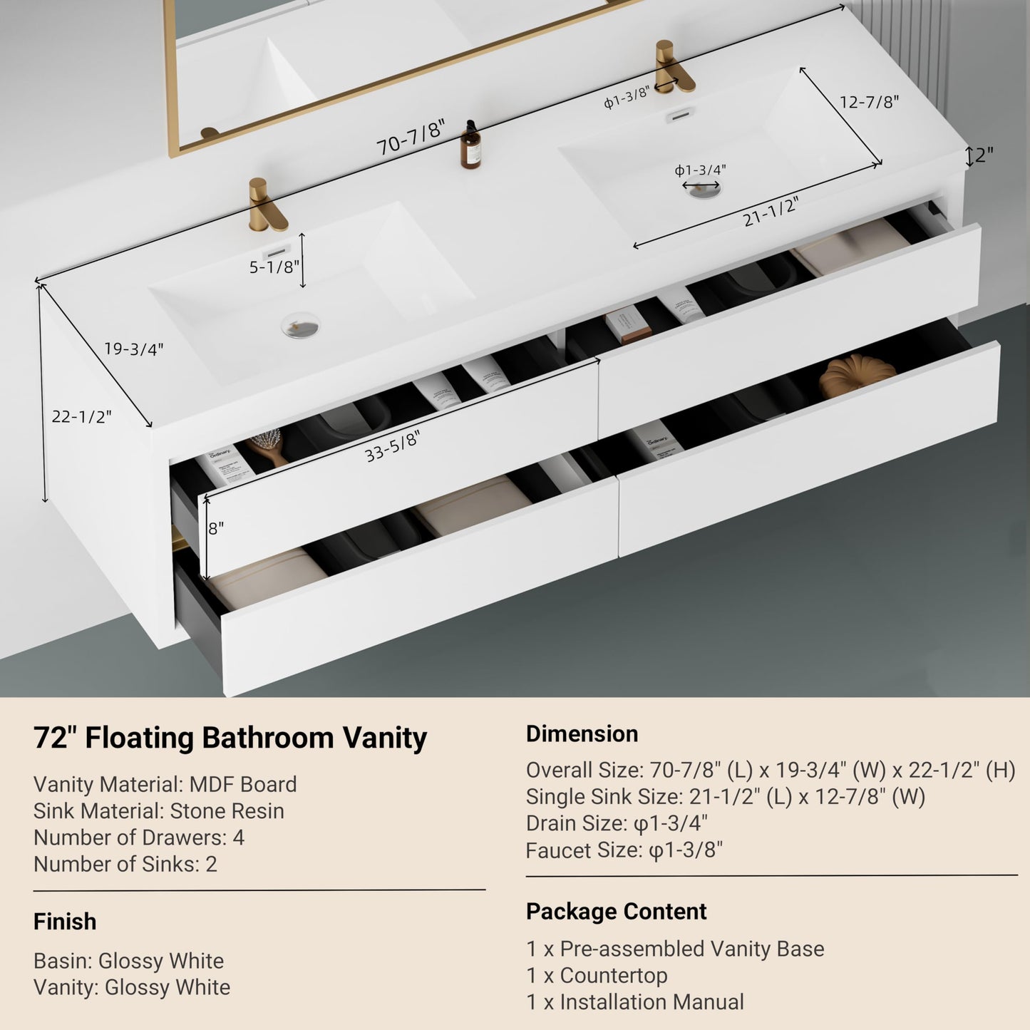 GDFStudio 72" Wall Mounted Double Sink Bathroom Vanity, Floating Vanity with Stone Resin Countertop, Floating Bathroom Storage Cabinet with Soft Close Drawers, Pre-Assembled Base, Glossy White