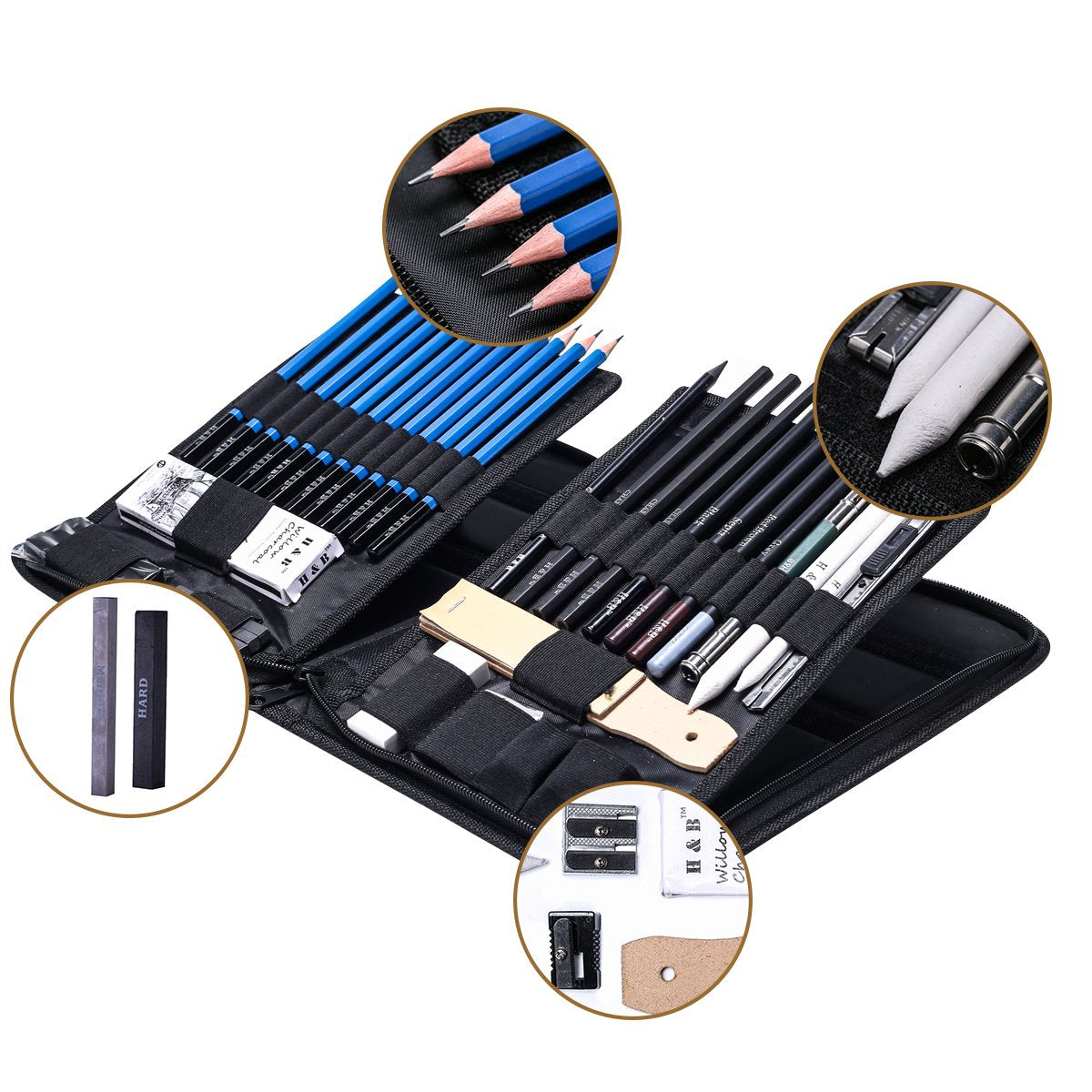 H & B 40 Piece Professional Sketch Pencil Drawing Kit,Complete Artist Kit, Including Graphite Pencils, Pastels, Sharpener and Eraser