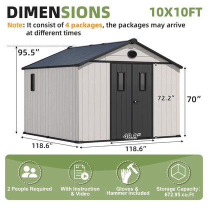 MELLCOM 10 x 10 FT Resin Outdoor Storage Shed with Floor, Outdoor Storage Tool Shed with Windows and Lockable Door, Resin Garden Shed for Lawnmower, Bike, Pool Supply