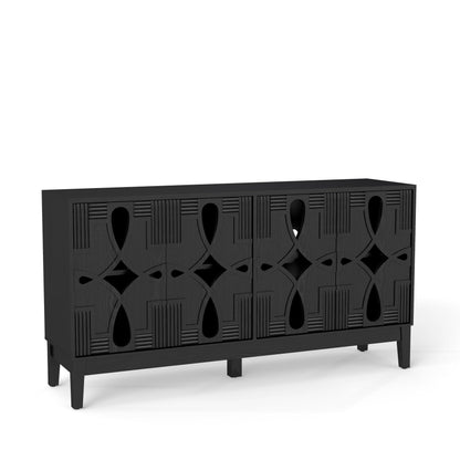 KEIKI 60.5'' Buffet Cabinet with Storage, Farmhouse Fluted Sideboard with Geometric Pattern & Adjustable Shelves, Mid Century Modern TV Stand for Living Room Kitchen Dining Room Entryway, Black
