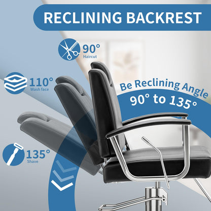 Barber Reclining Chair with Headrest - Heavy Duty Hydraulic Pump Height Adjustable,360°Swivel ,Max Load Weight 440 Lbs,Beauty Salon Spa,Barbershop,Hairdresser Cutting,Styling Stylist,Braiding (Black)