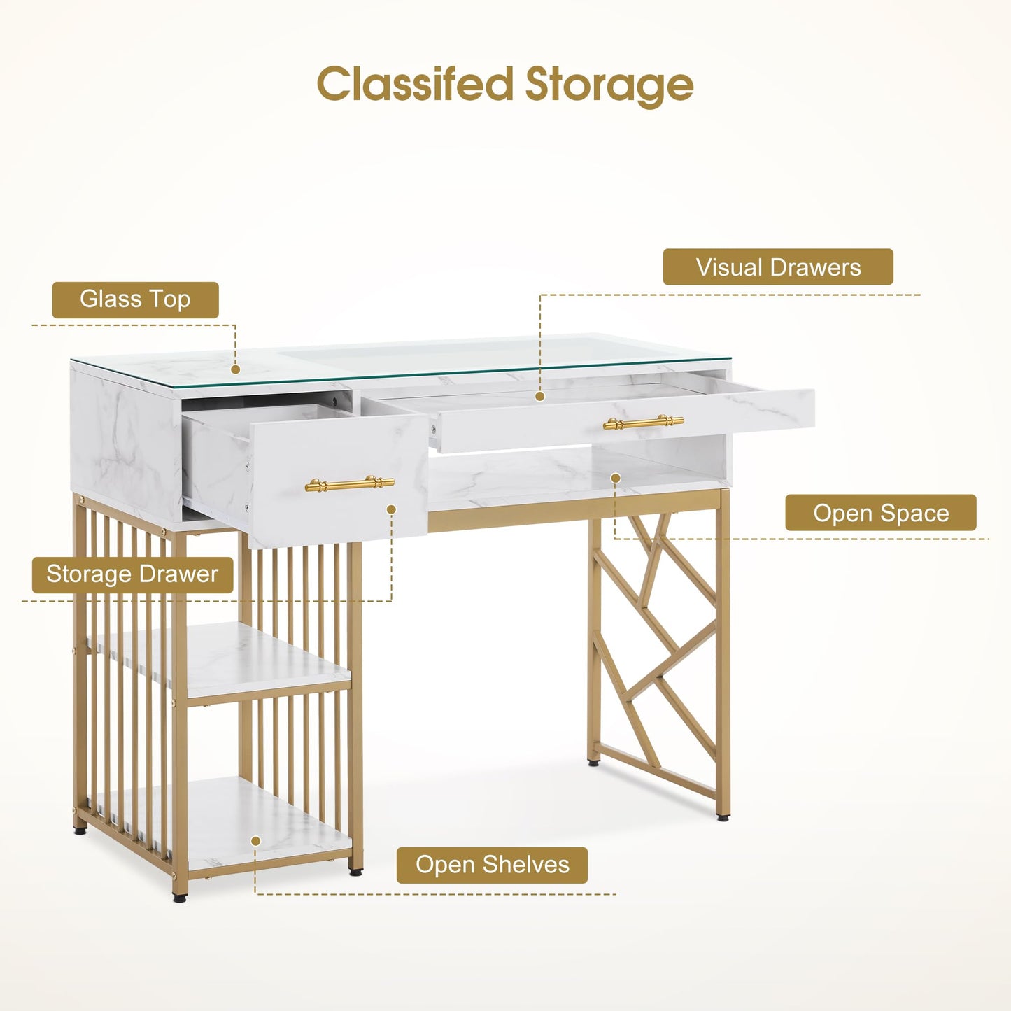 BarberPub Modern Manicure Table with Drawers, Marbling Texture Nail Desk with Storage Shelves, Glass Top, Beauty Salon Nail Station 2460 (White)