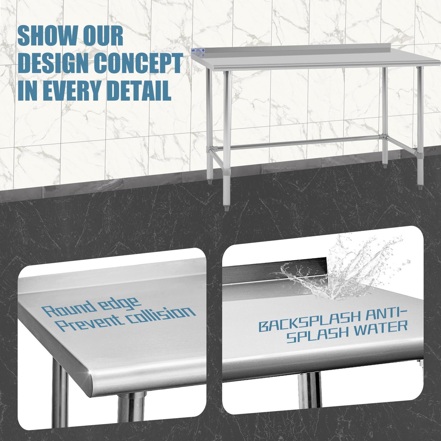 Hally Open Base Stainless Steel Table 30 x 60 Inches, NSF Commercial Heavy Duty Prep & Work Table with Backplash and Galvanized Legs for Restaurant, Home and Hotel
