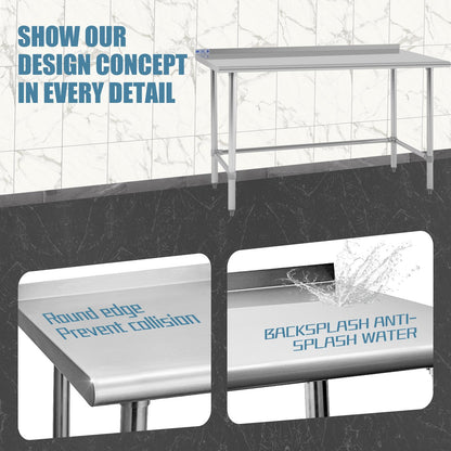 Hally Open Base Stainless Steel Table 30 x 60 Inches, NSF Commercial Heavy Duty Prep & Work Table with Backplash and Galvanized Legs for Restaurant, Home and Hotel