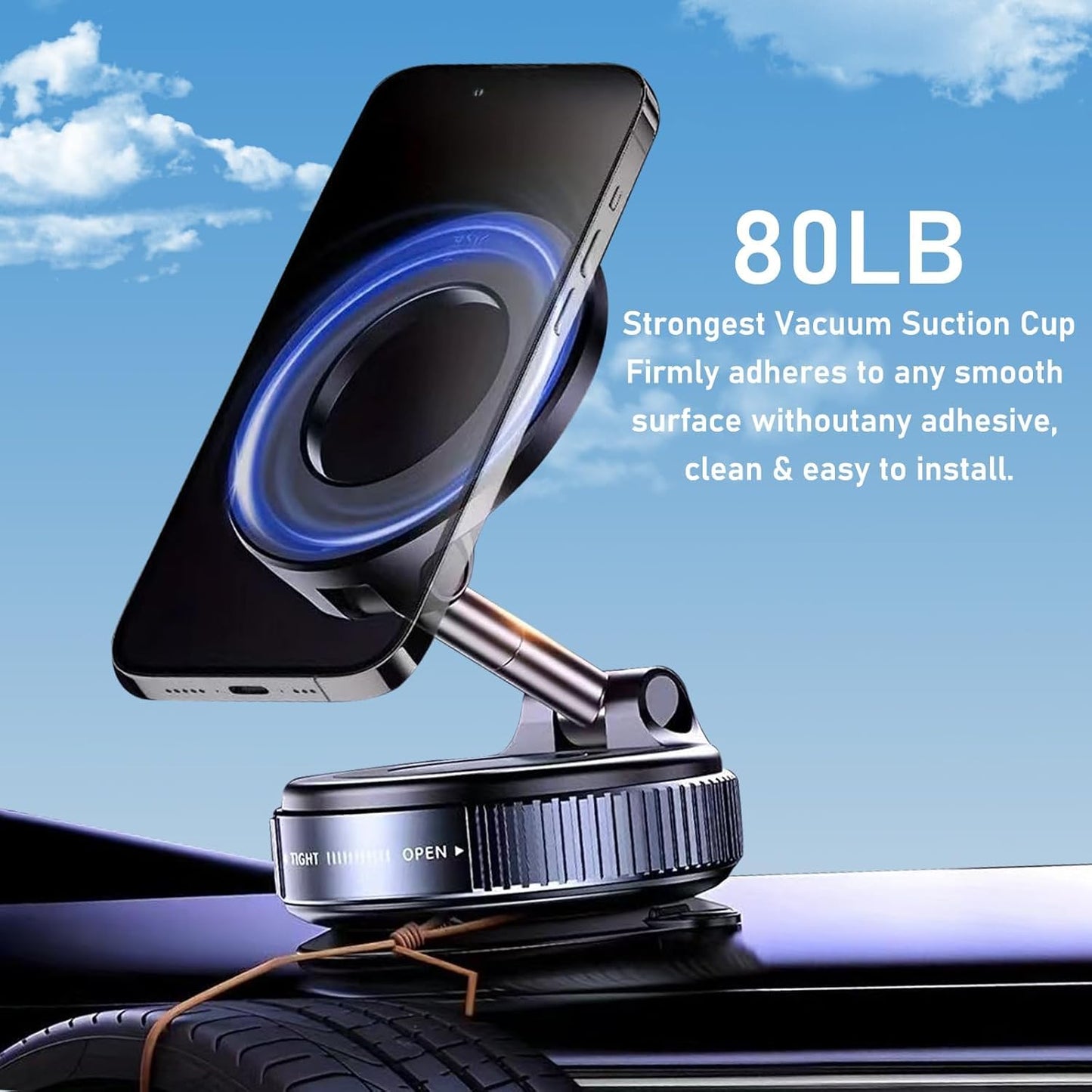 Vacuum Magnetic Phone Holder, 360° Adjustable Magnetic Car Mount, Foldable Portable Suction Cup Cell Phone Mount for Car/Gym/Mirror/Shower, Compatible with All Smartphones & All Car Models