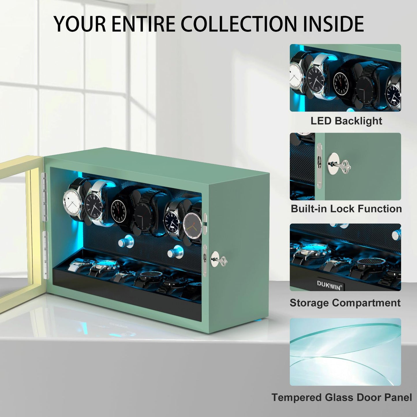 XTELARY Watch Winder for 6 Automatic Watches, Green Lockable Automatic Winders with Extra 6 Watch Storages, 4 Rotation Modes, Flexible Watch Pillows, Quiet Mabuchi Motor, and Blue Backlight