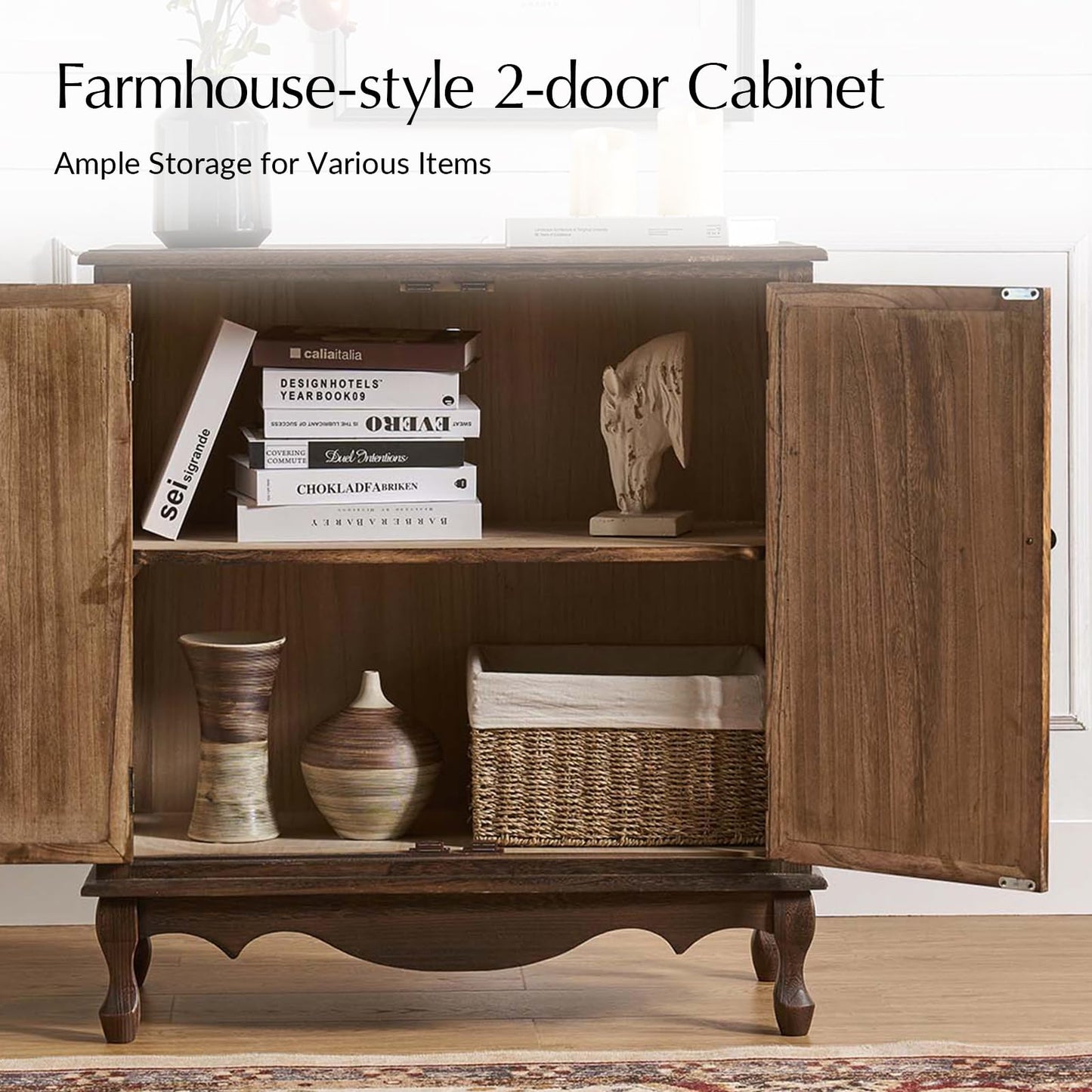 The support you need Solid Wood Sideboard with Adjustable Feet, 2 Shelves Storage Accent Cabinet with Double Doors, Farmhouse Buffet for Living Room, Dining Room & Entryway, Walnut