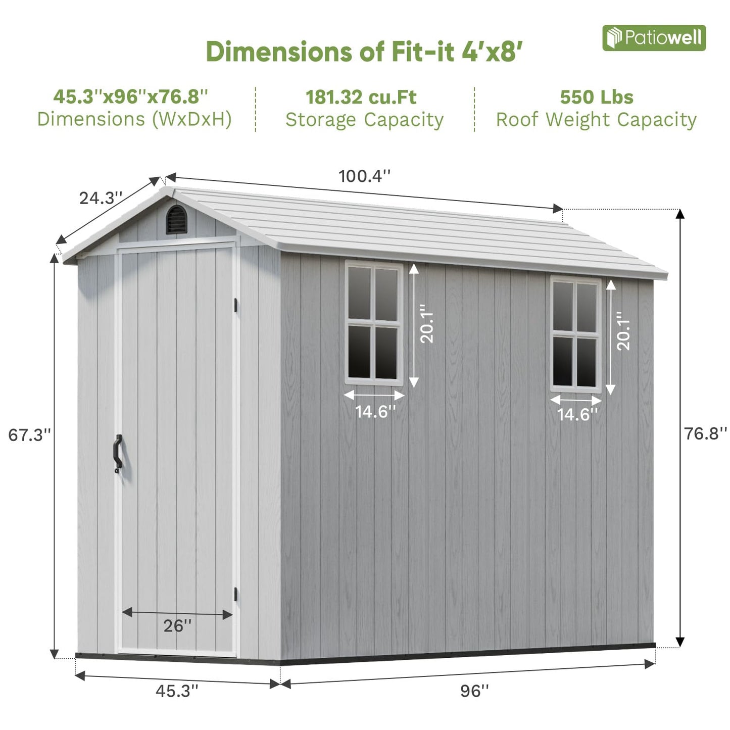 Patiowell 4x8 FT Plastic Outdoor Storage Shed with Floor, Garden Tool Resin Storage Shed with Two Windows and Single Lockable Door for Garden, Backyard, Lawn, Easy to Install, Light