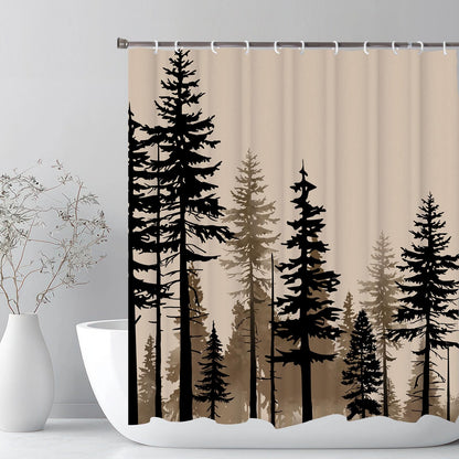 LKFBSC Farmhouse Forest Shower Curtain, Pine Trees Retro Vintage Misty Woodland Fabric Shower Curtains Set, Nature Cabin Cottage Rural Bathroom Curtains with Hooks, Brown Black 72x72inch