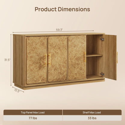 SICOTAS Buffet Cabinet with Storage - Burluxe 59" Sideboard Cabinet with 4 Doors Luxury Burl Storage Cabinet Accent Credenza Large Media Console Table for Living Room Dining Room Entryway Kitchen
