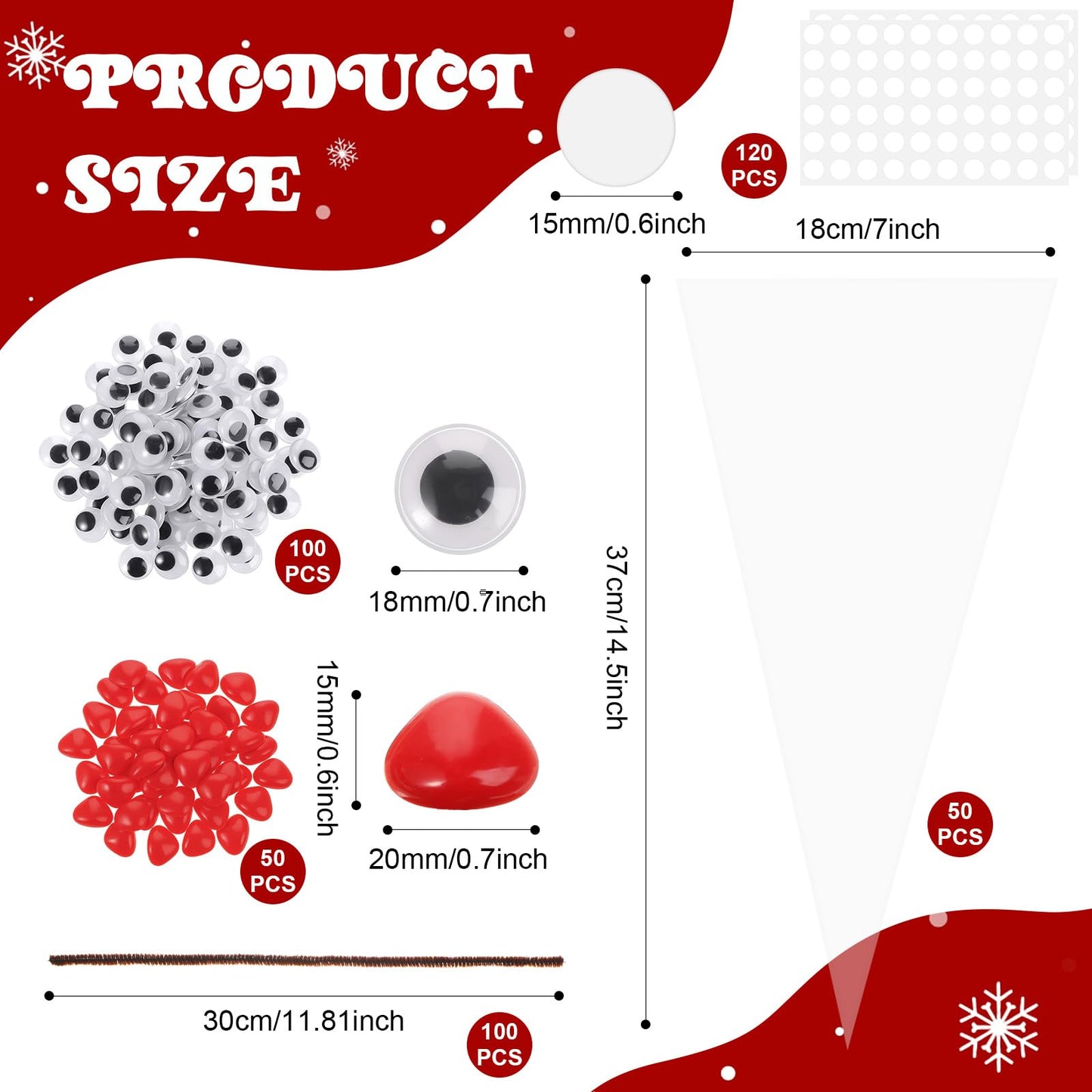 Resholder 300 Pcs Christmas Reindeer Cone Cellophane Bags Kit DIY 7.1x14.6 Inch Clear Cone Shaped Treat Bag with Pipe Cleaner Wiggle Eyes Nose for Popcorn Cotton Candy Goodie Cookie Party Favor