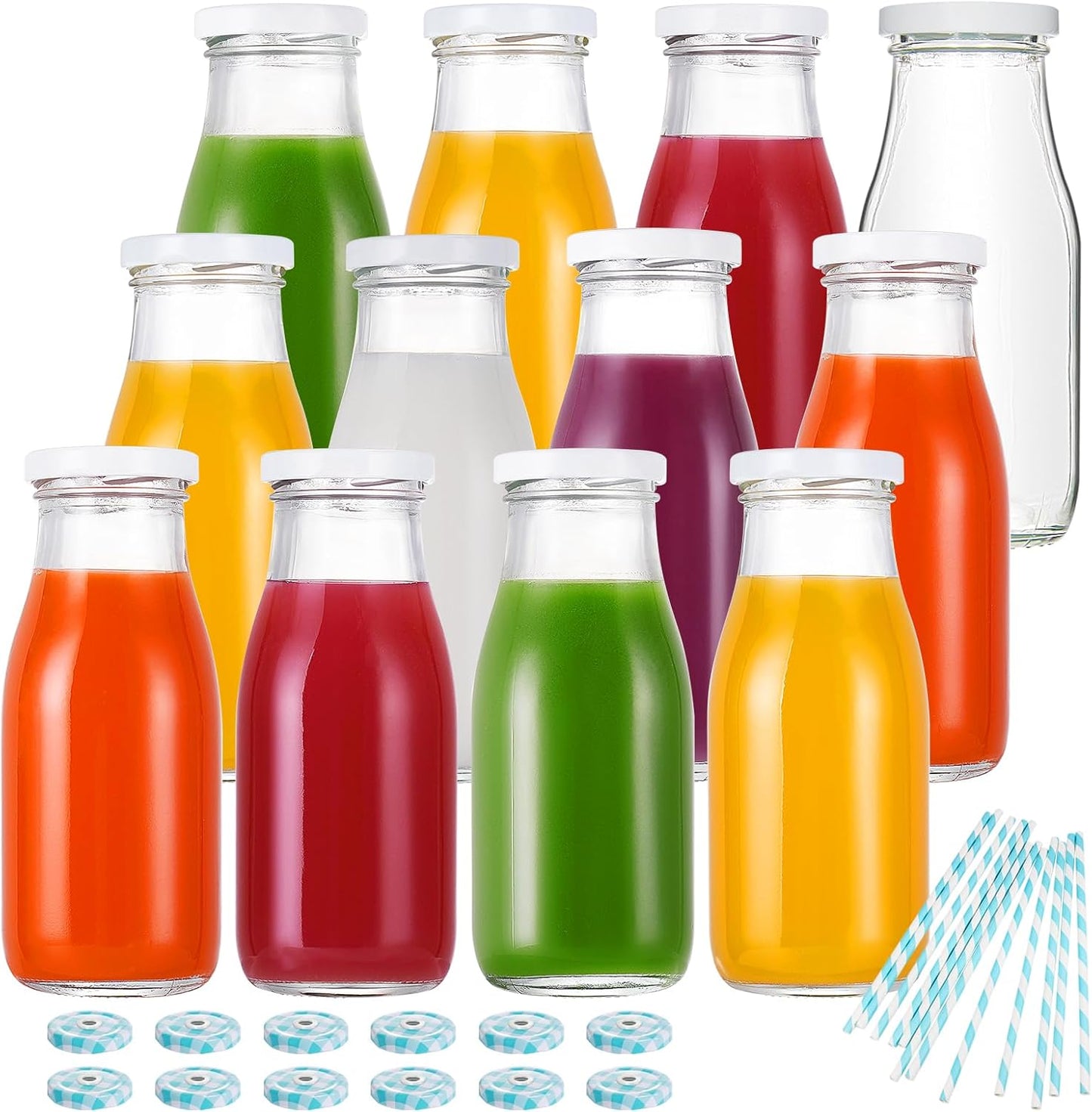 11oz Set 12 YEBODA Glass Milk Bottles with Reusable Metal Twist Lids and Straws for Beverage Glassware and Drinkware