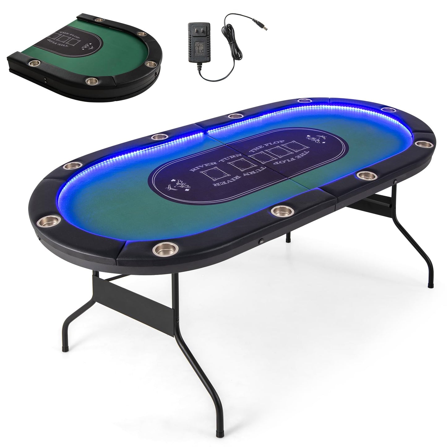 Giantex 10 Players Poker Table with Cup Holder, Folding Casino Leisure Table with 4 USB Ports, Extra Lights, Easy to Assemble, Foldable Game Poker Tables for Texas, Card Games (Green)