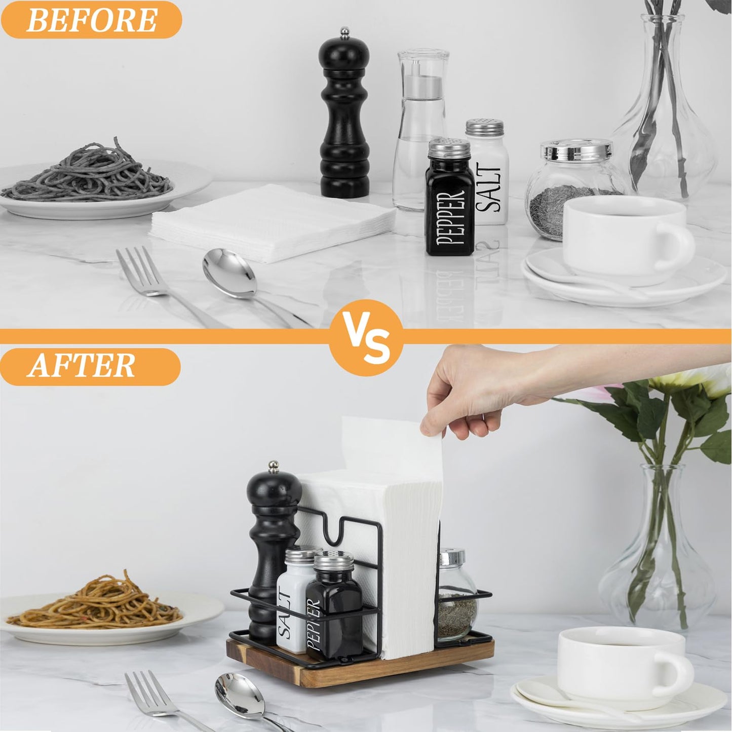 Napkin Holder for Table, Rotating Metal Napkin Holder with Salt and Pepper Shakers, Rotating Standing Napkin Dispenser for Kitchen Dining Table Decor, Not Including Salt and Pepper Shakers - Black