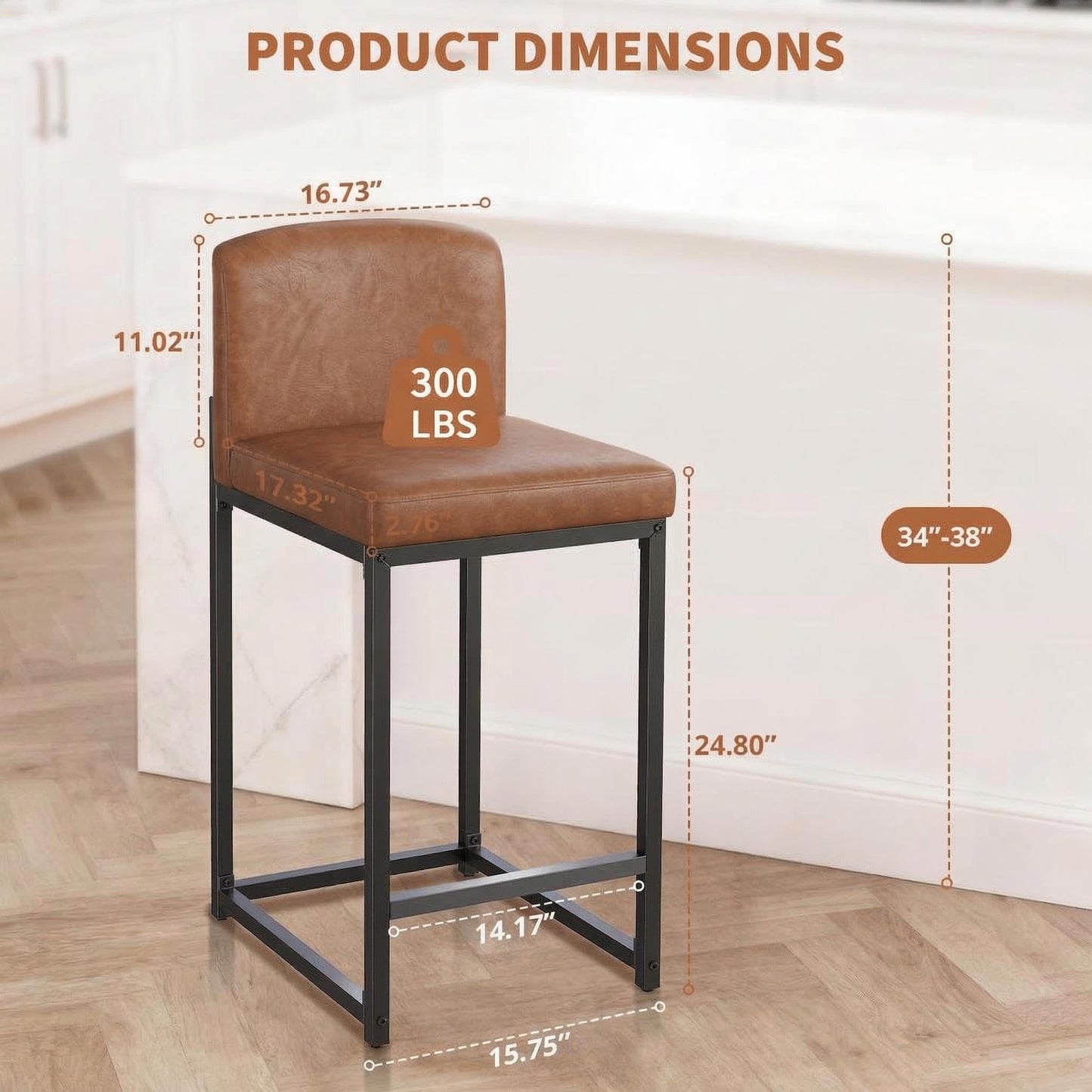 GarveeHome Bar Stools Set of 4, Modern Counter Height Bar Stools with Back and Footrest, Faux Leather Upholstered Barstools Chairs for Kitchen Island Dining Room Bar, Brown