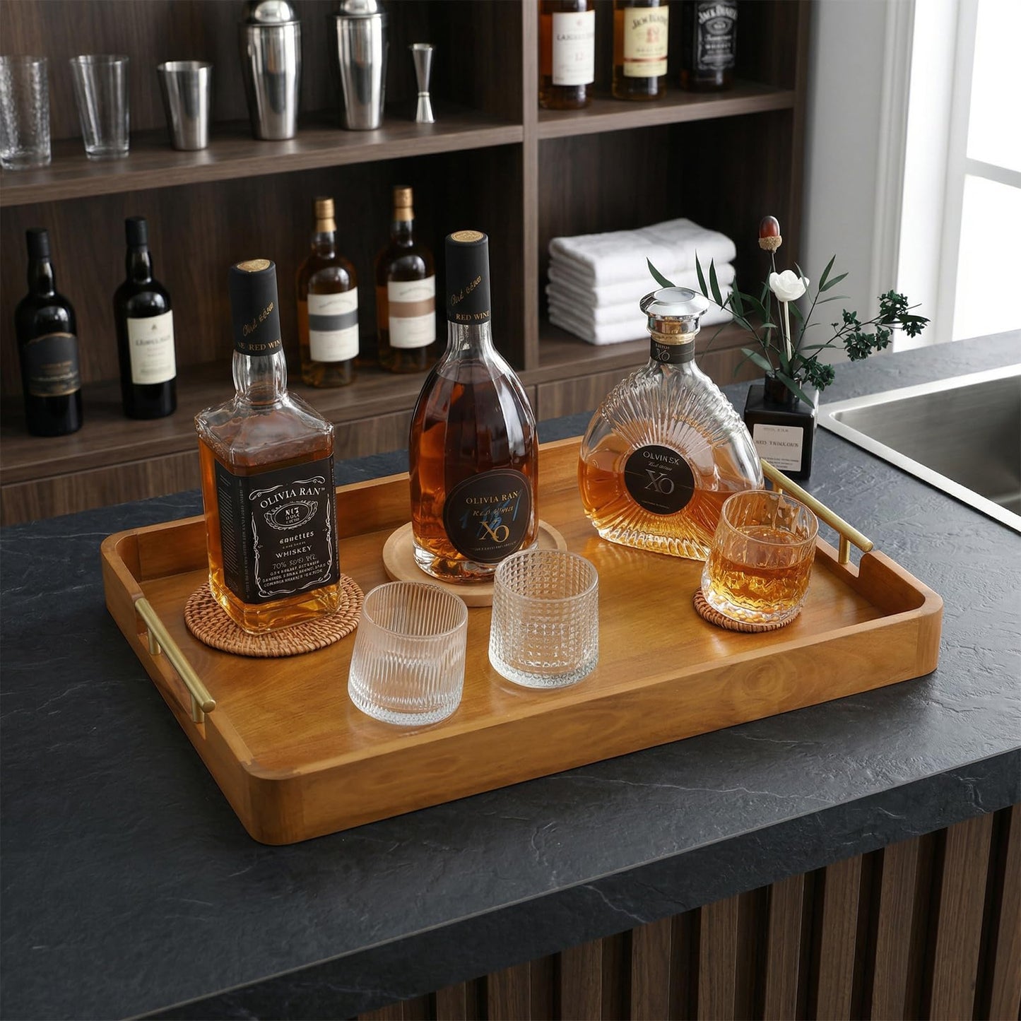 Fopeat Solid Teak Wood Serving Tray with Handles, 17"x13"x2" Rectangular Ottoman Tray for Living Room Kitchen Party, Rustic Decorative Tray for Home Coffee Table Breakfast Dinner Bar