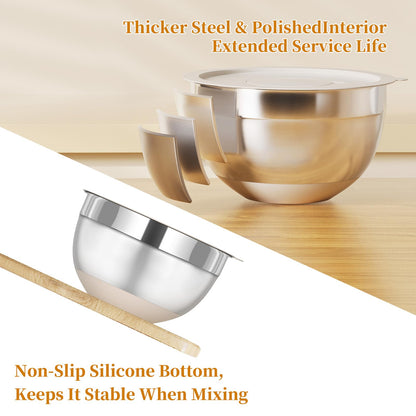 Fyrnova Mixing Bowls with Lids Set, 6 Piece Stainless Steel Nesting Storage Bowls for Kitchen, with 3 Grater Attachments & Non-Slip Bottoms, Size 5.5,3.5,2.5,2.1,1.5,1.1 QT