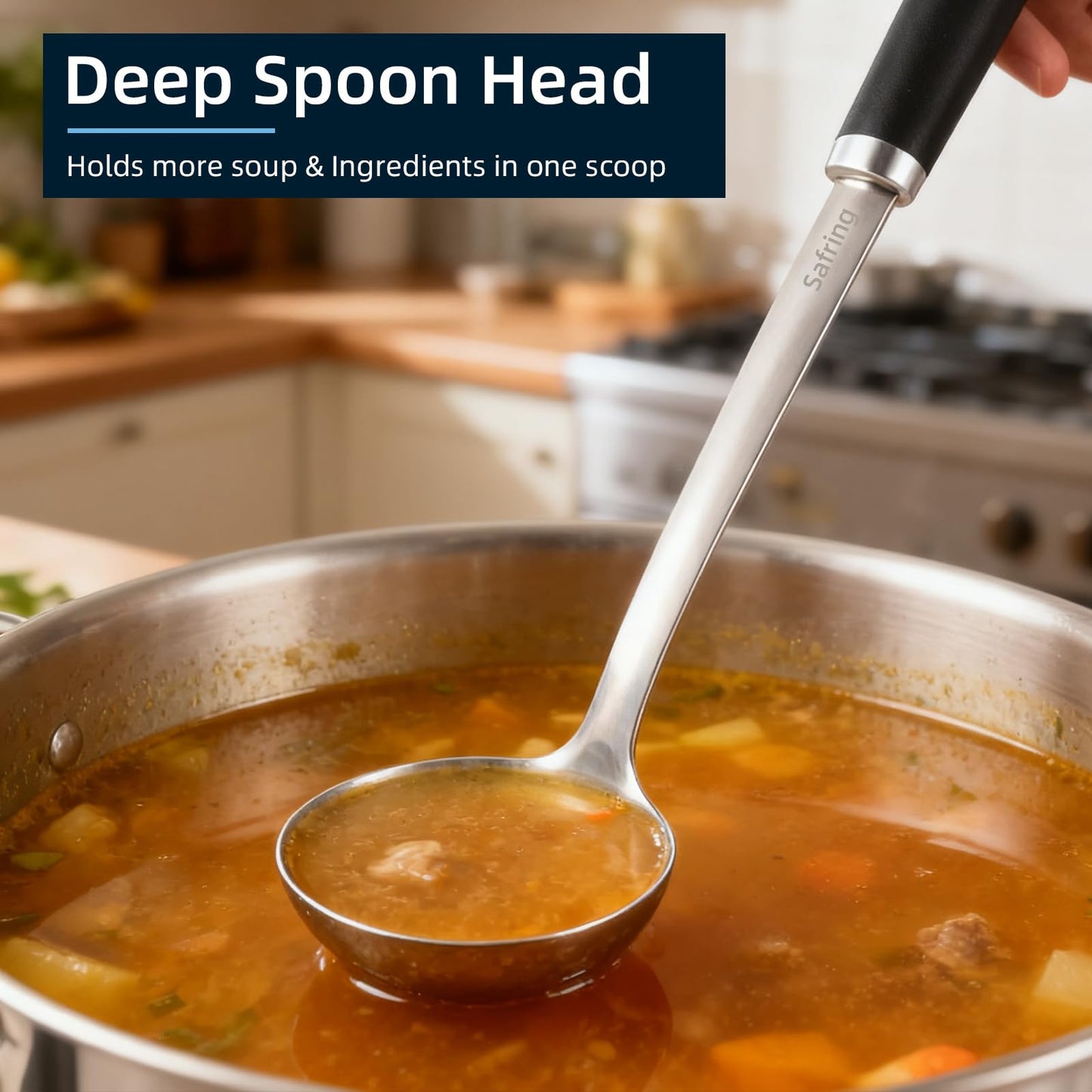 Safring Stainless Steel Soup Ladle and Spaghetti Spoon Set, Heat Resistant Rubber Handle, Dishwasher Safe, Kitchen Utensils for Cooking, Stirring, Serving Pasta, Soup & Sauce