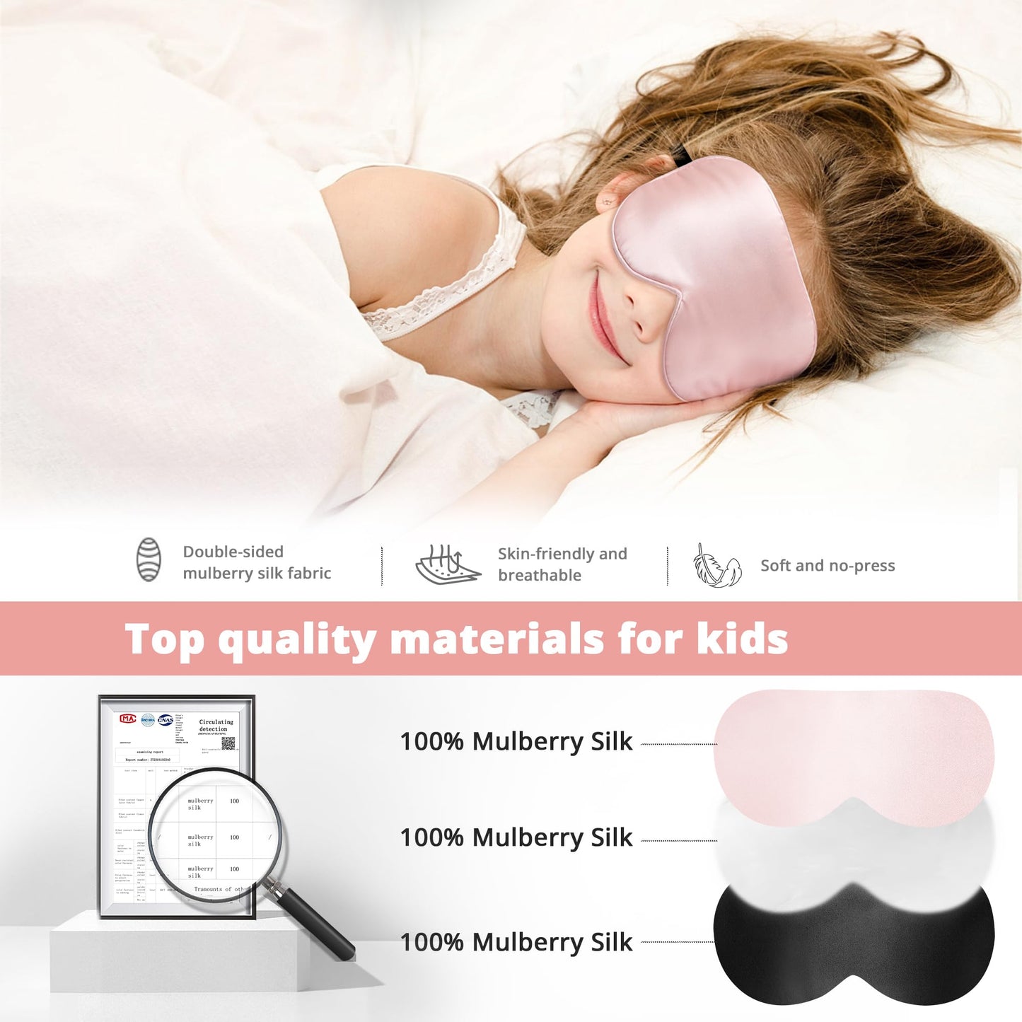 Kids Sleep Mask Eye Cover, 100% Real Natural Pure Silk Eye Mask with Adjustable Strap, Blindfold Kids Eye Mask for Sleeping, Eye Shade for Boys Girls and Adult, Pressure-Free Comfort (Black)