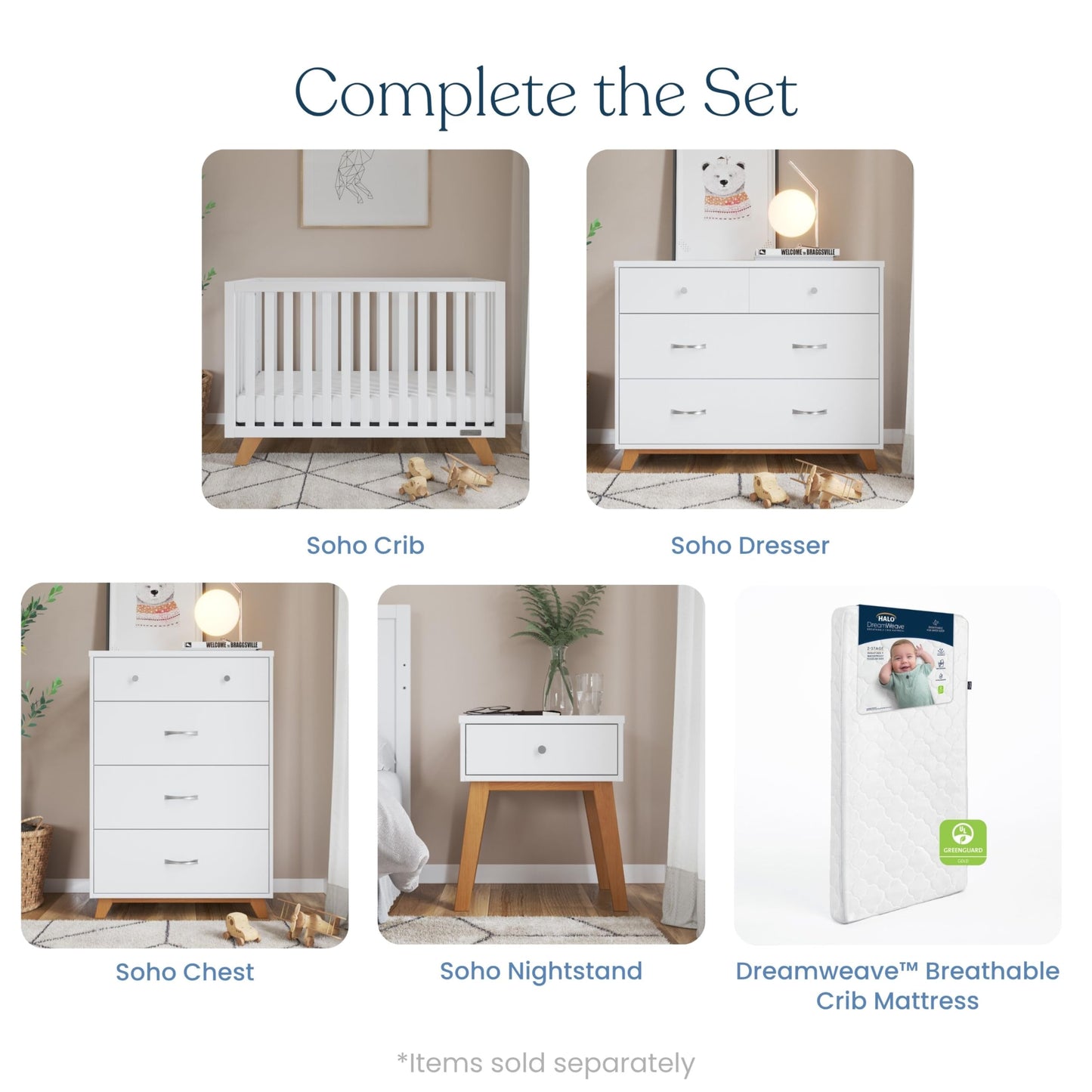 Child Craft SOHO 4-in-1 Convertible Crib, Baby Crib Converts to Day Bed, Toddler Bed and Full Size Bed, 3 Adjustable Mattress Positions, Non-Toxic, Baby Safe Finish (White/Natural)