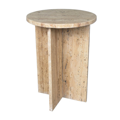 JONATHAN Y Javier Solid Travertine Marble End Table, 14-inch Round Modern Accent Side Table with Geometric Cross Base for Living Room, Bedroom, Glossy Natural Stone, Fully Assembled MTB1103C