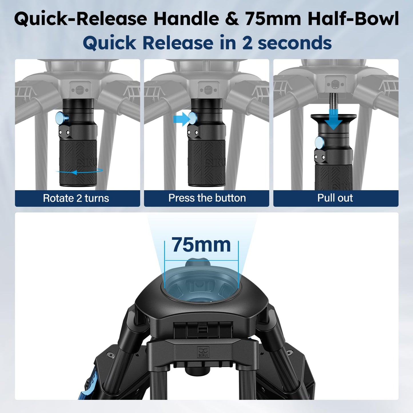 SIRUI SQ75+VHS10 Carbon Fiber Tripod, 71.7” Video Tripod with Professional Video Fluid Head, 7-Step Counterbalance, 4-Step Tilt/Pan Damping Adjust, Rapid Setup for Camera, Max Load 10kg/22lb