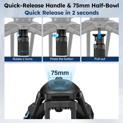 SIRUI SQ75+VHS10 Carbon Fiber Tripod, 71.7” Video Tripod with Professional Video Fluid Head, 7-Step Counterbalance, 4-Step Tilt/Pan Damping Adjust, Rapid Setup for Camera, Max Load 10kg/22lb